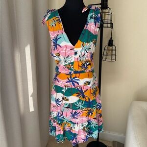 Sam Edelman Pink Green Island Palm Tree Tie Front Mini Sundress Women's Size 10